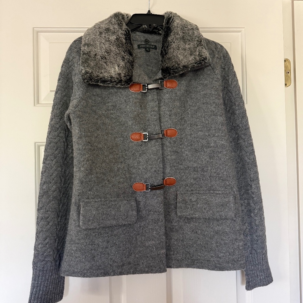 Medium grey sweater/ jacket with removable fur collar. cable knit sleeves Small